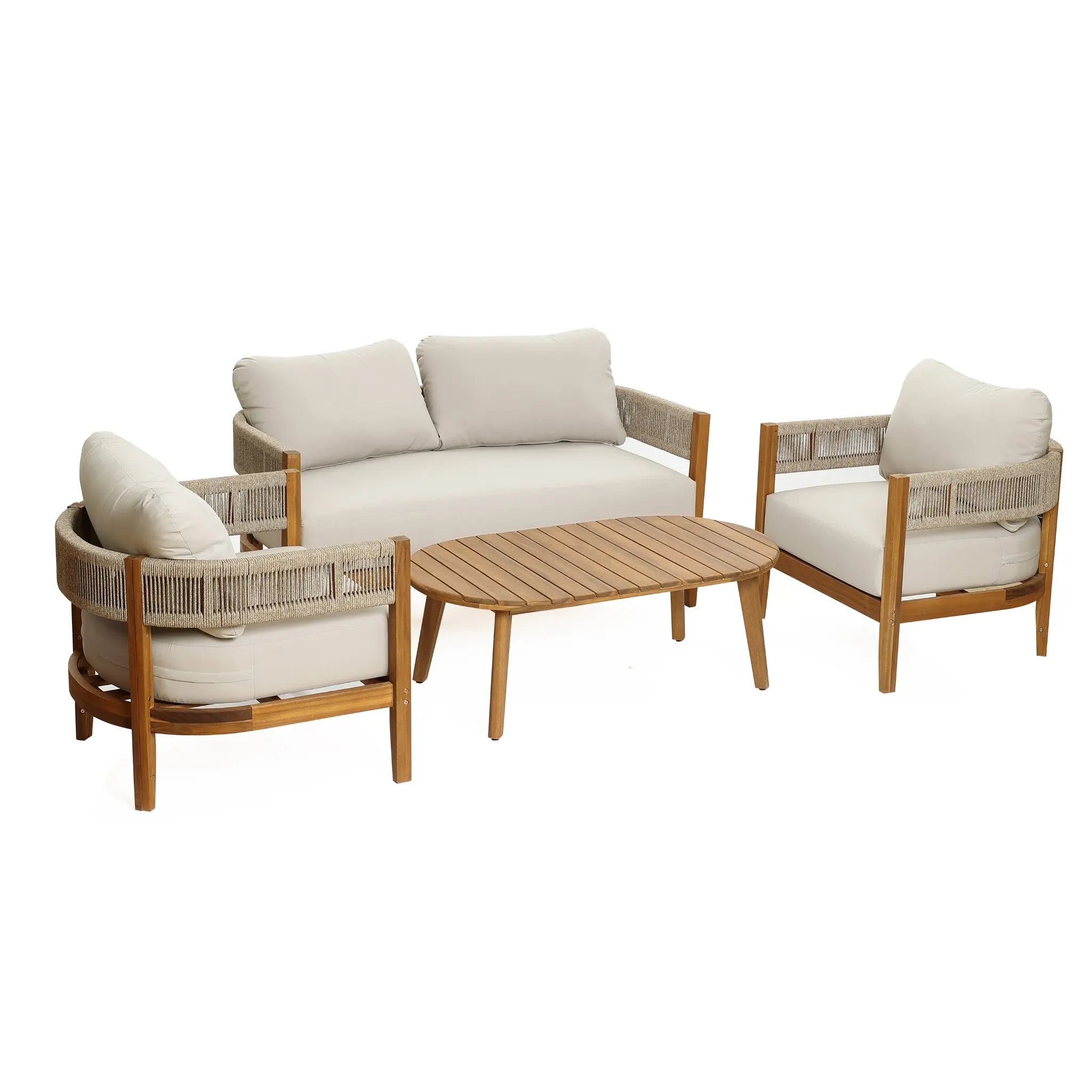 A set of club-style patio furniture featuring an outdoor acacia wood coffee table, a three-seat sofa, and two armchairs with beige cushions—all elegantly arranged on a white background.