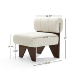 The Lorenzo boucle upholstered wood frame armless accent chair by LuxenHome features cream upholstery and dark wooden legs, offering mid-century allure. Its rounded backrest with high-density foam ensures comfort. Dimensions: 27 height, 16.53 seat height, and 26.38 depth.