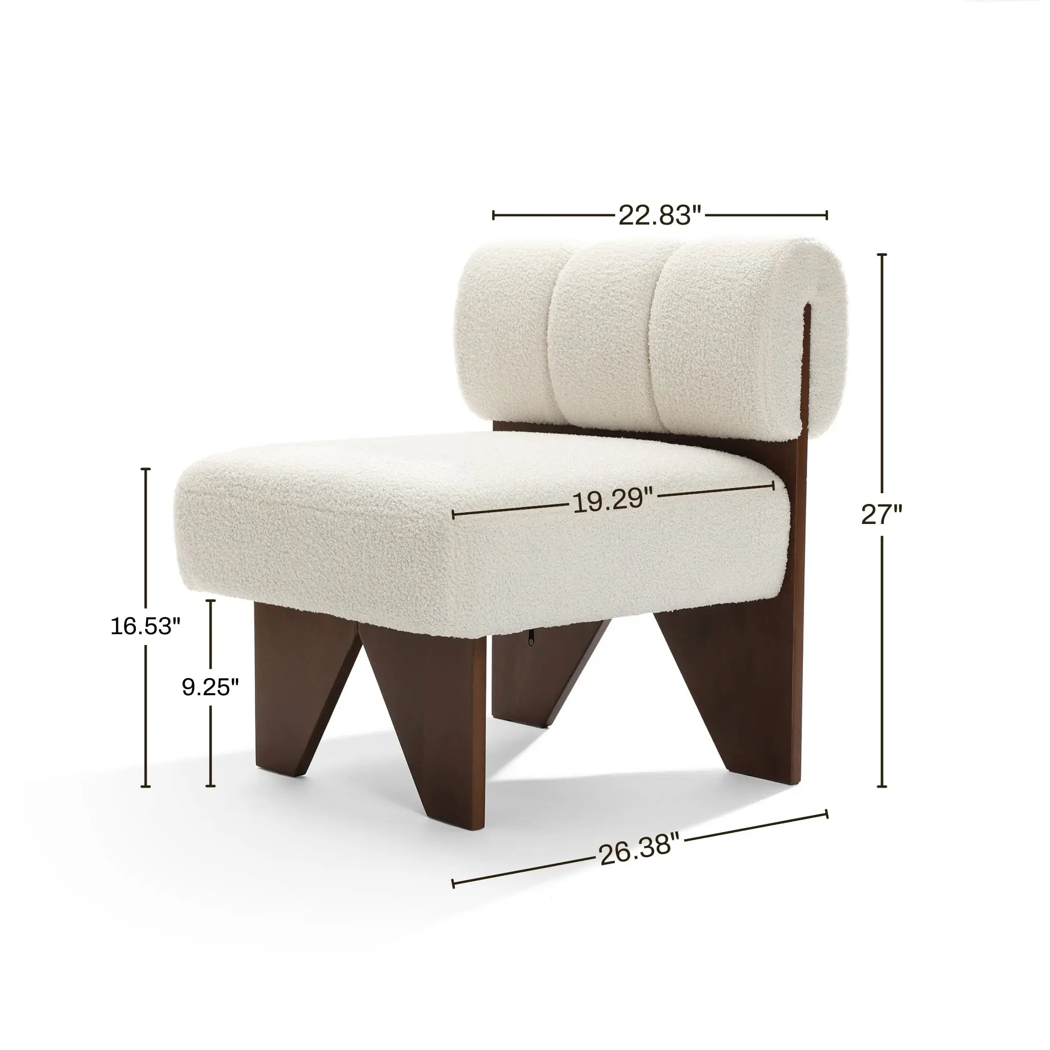 The Lorenzo boucle upholstered wood frame armless accent chair by LuxenHome features cream upholstery and dark wooden legs, offering mid-century allure. Its rounded backrest with high-density foam ensures comfort. Dimensions: 27 height, 16.53 seat height, and 26.38 depth.
