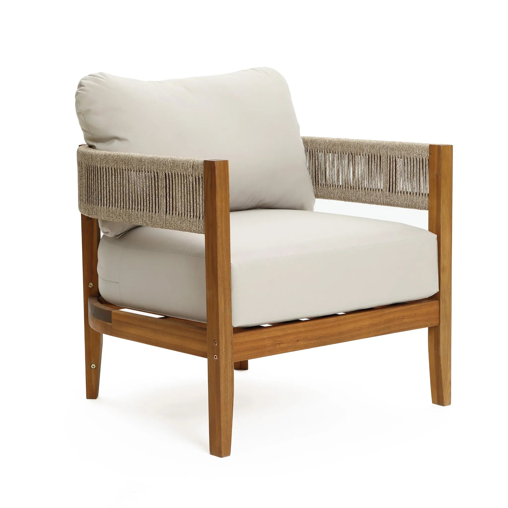 A wooden armchair crafted from outdoor acacia wood with beige cushions and rope detailing on the armrests, echoing club-style patio furniture, shown against a plain white background.