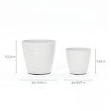 Two decorative white cylindrical planters for indoor and outdoor use; the taller one measures 10.04 inches by 11.02 inches, while the shorter one is sized at 7.68 inches by 8.27 inches.