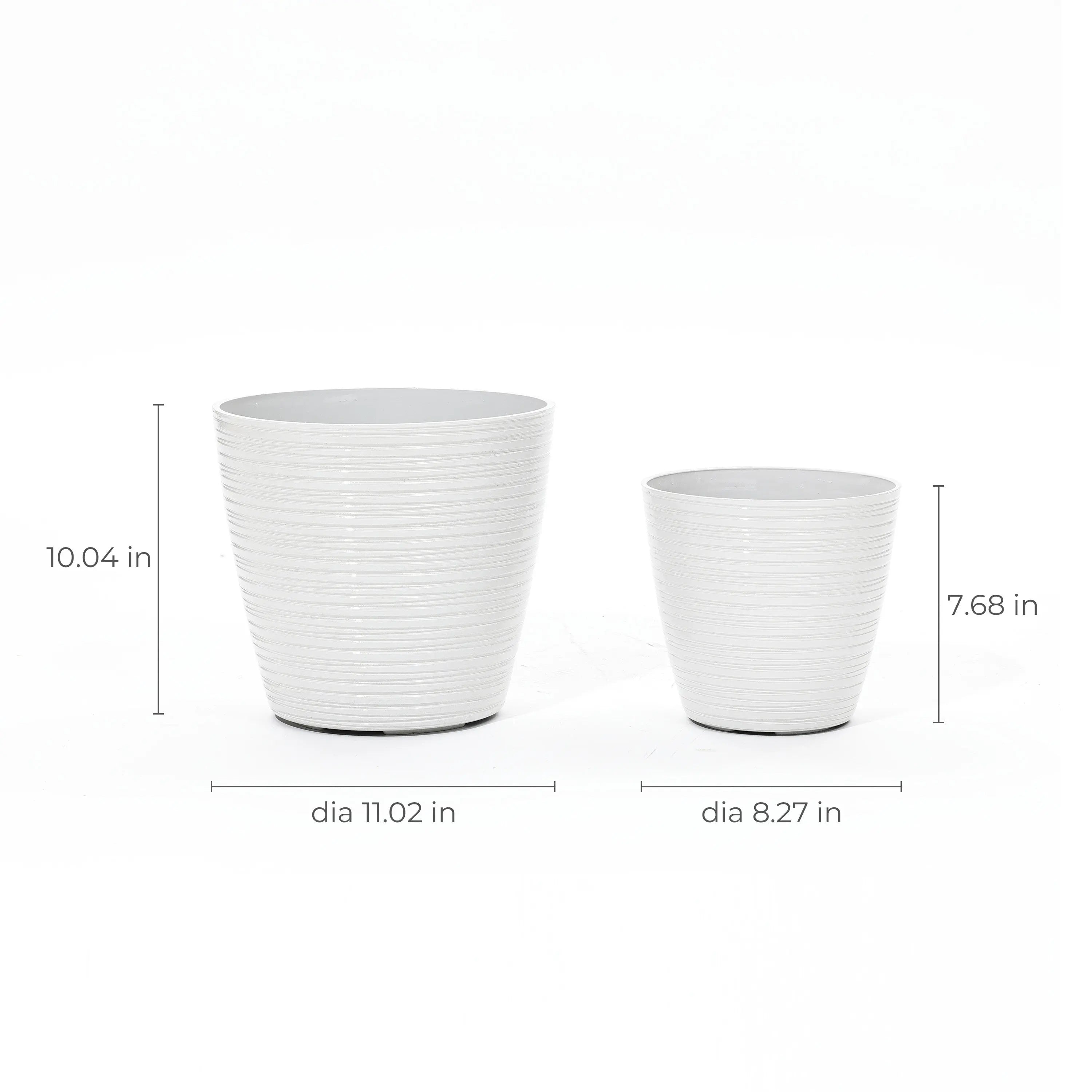 Two decorative white cylindrical planters for indoor and outdoor use; the taller one measures 10.04 inches by 11.02 inches, while the shorter one is sized at 7.68 inches by 8.27 inches.