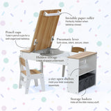 Activity Children Table with Storage Bookcase and 2 Chairs Set featuring adjustable wooden tabletop, hidden paper roller, pneumatic lever, pencil cups, storage shelves with baskets, and spacious underneath storage. Modern white and natural wood design perfect for kids' activities, crafts, and learning.