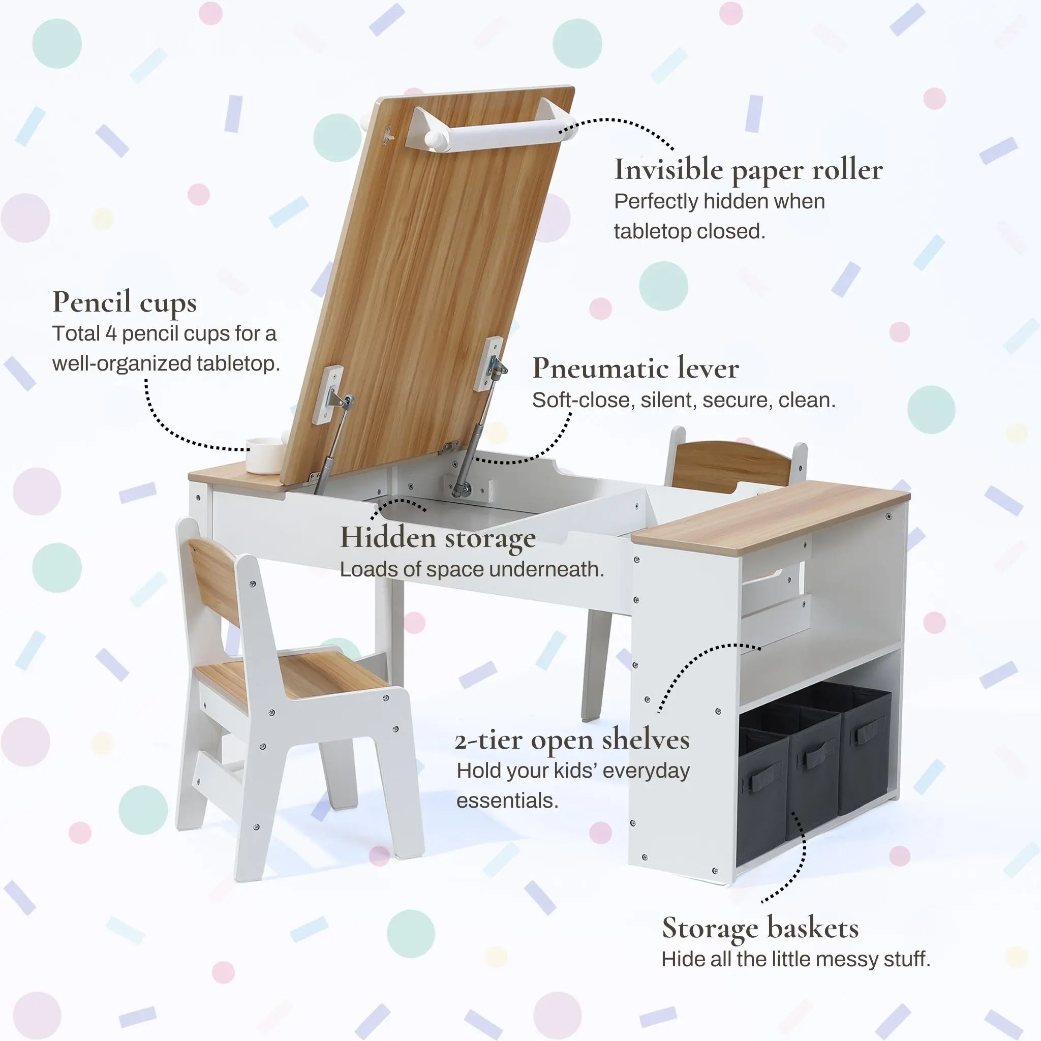 Activity Children Table with Storage Bookcase and 2 Chairs Set featuring adjustable wooden tabletop, hidden paper roller, pneumatic lever, pencil cups, storage shelves with baskets, and spacious underneath storage. Modern white and natural wood design perfect for kids' activities, crafts, and learning.