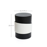 Black and white cylindrical object with a robust metal construction, featuring a unique white irregular pattern. Dimensions are labeled: diameter 15.75 inches, height 20.47 inches, exemplifying modern minimalist design.