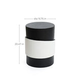Black and white cylindrical object with a robust metal construction, featuring a unique white irregular pattern. Dimensions are labeled: diameter 15.75 inches, height 20.47 inches, exemplifying modern minimalist design.