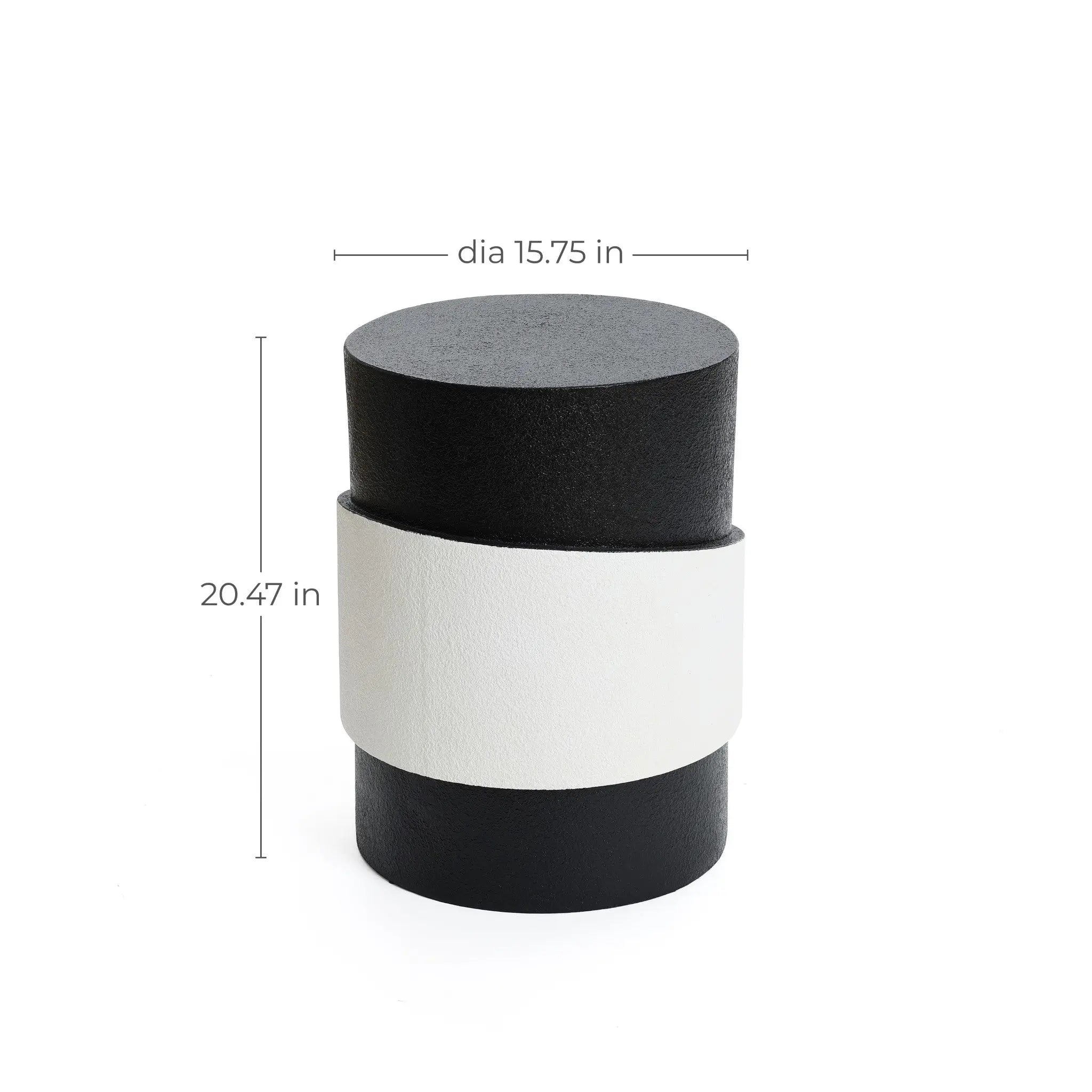 Black and white cylindrical object with a robust metal construction, featuring a unique white irregular pattern. Dimensions are labeled: diameter 15.75 inches, height 20.47 inches, exemplifying modern minimalist design.