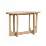The Lorean natural finish contemporary console table by LuxenHome features an oval top with modern geometric design, oval cutout legs connected by a rectangular base, offering an open, airy look. Its minimalist style and sleek wood finish add a contemporary touch to any space.