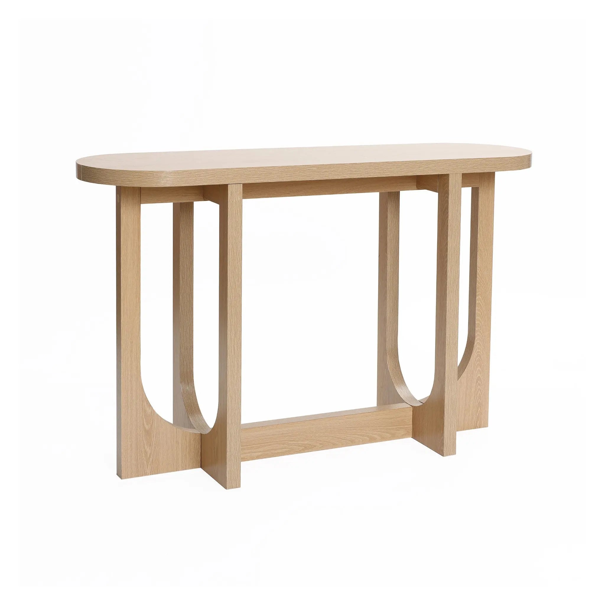 The Lorean natural finish contemporary console table by LuxenHome features an oval top with modern geometric design, oval cutout legs connected by a rectangular base, offering an open, airy look. Its minimalist style and sleek wood finish add a contemporary touch to any space.