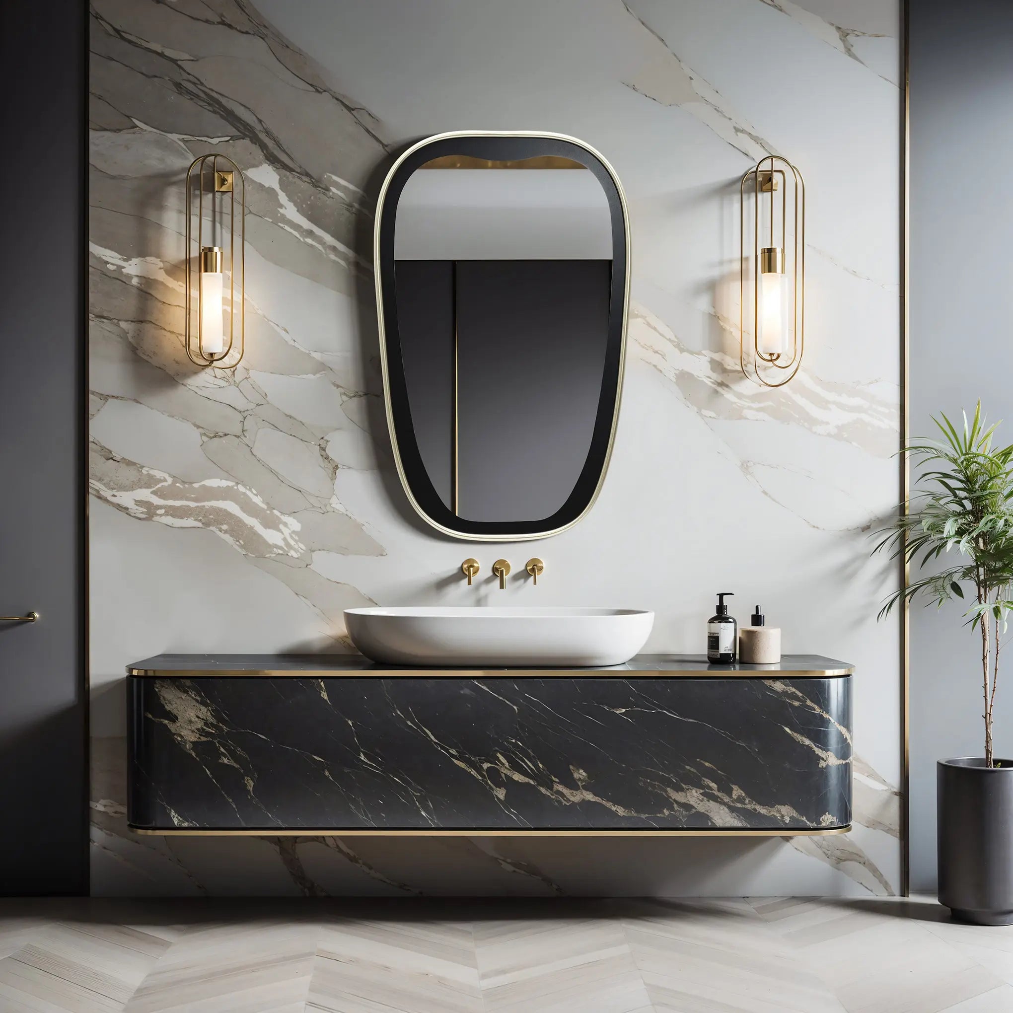 Modern bathroom with a marble wall and an oblong-shaped, contemporary mirror framed in black. A floating black vanity sits below, flanked by two wall lights. A potted plant adorns the floor.