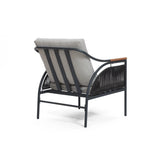 A metal-framed outdoor chair with a comfortable gray cushion and wooden armrest accents features stylish rope vertical stripes, viewed from the back.