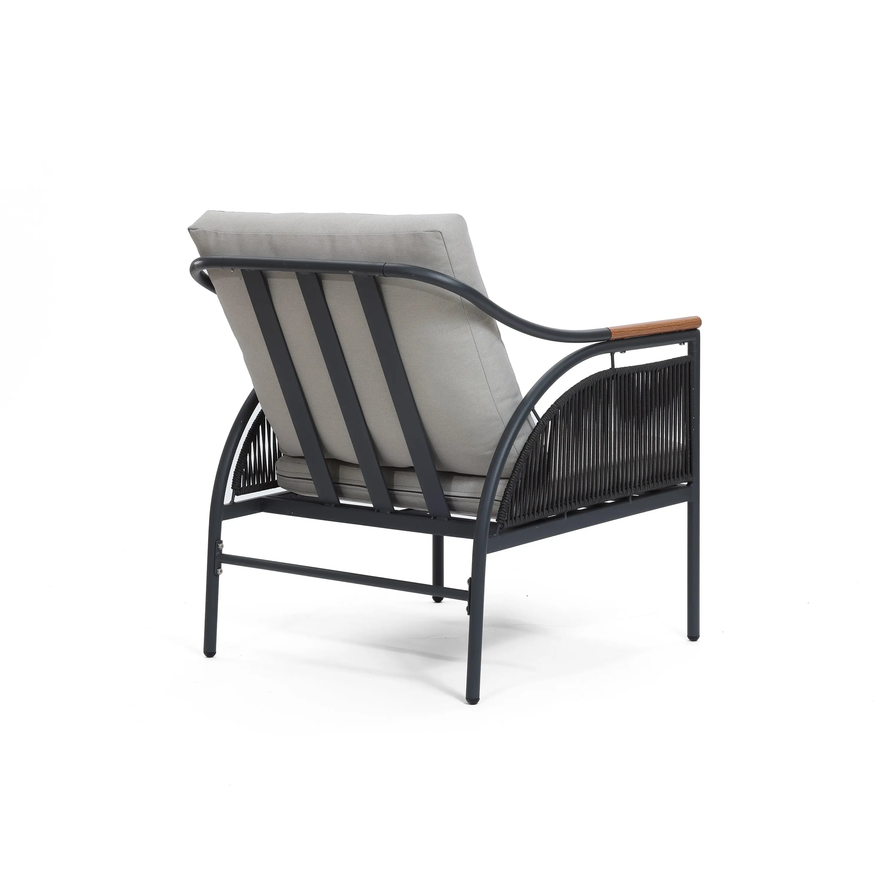 A metal-framed outdoor chair with a comfortable gray cushion and wooden armrest accents features stylish rope vertical stripes, viewed from the back.