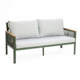 A gray outdoor loveseat sofa featuring plush back cushions, a durable aluminum alloy frame, and wooden armrests.