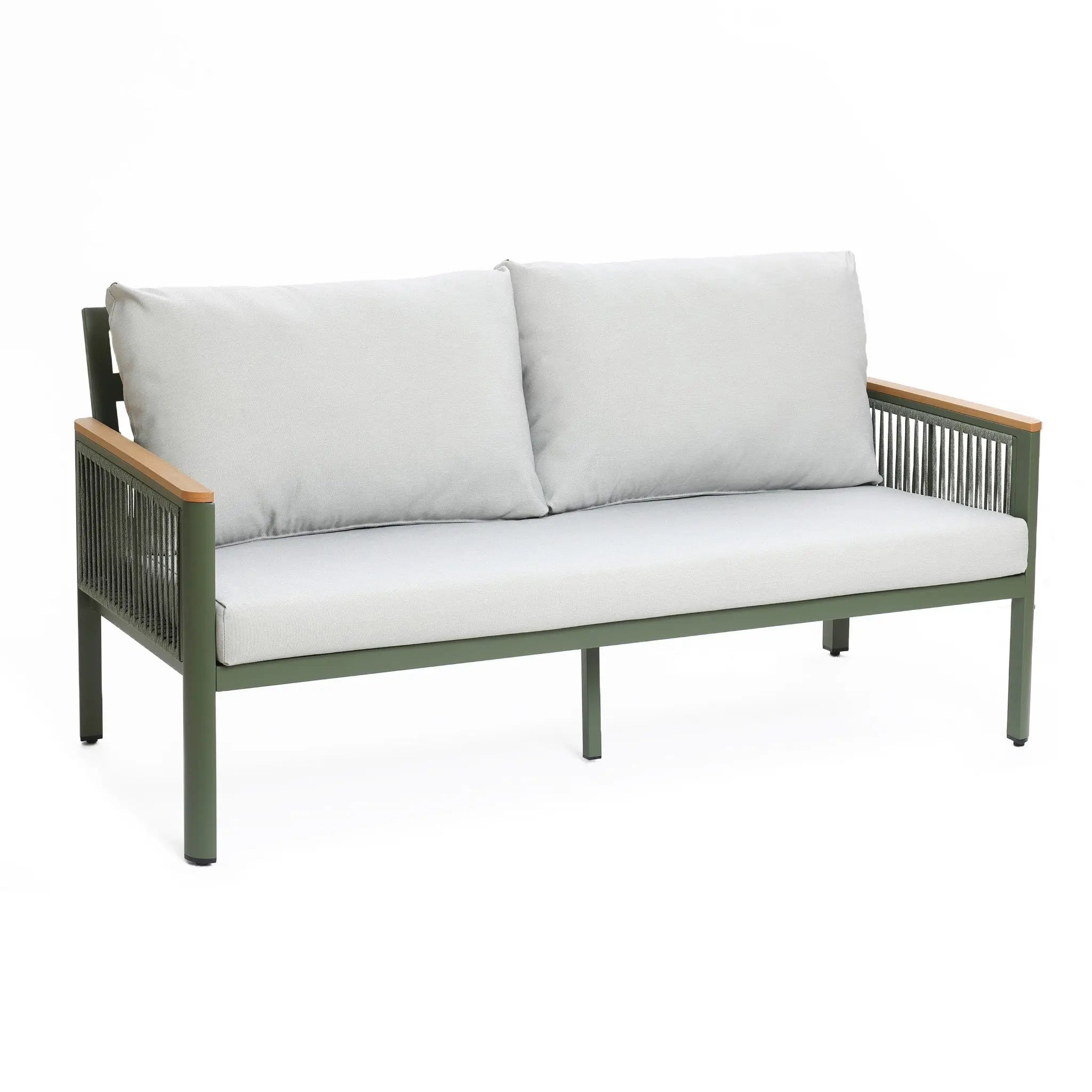 A gray outdoor loveseat sofa featuring plush back cushions, a durable aluminum alloy frame, and wooden armrests.