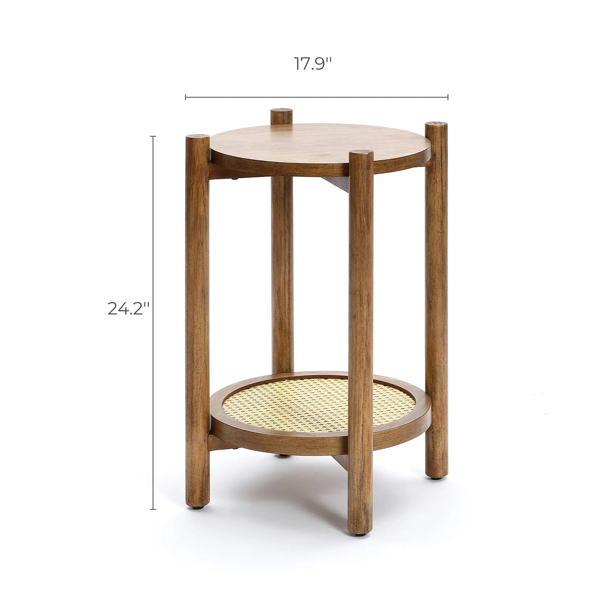 Round wooden side table with a chestnut finish and four sturdy legs, featuring a woven rattan lower shelf. Crafted from pine and MDF wood, it measures 17.9 inches in diameter and stands 24.2 inches tall.