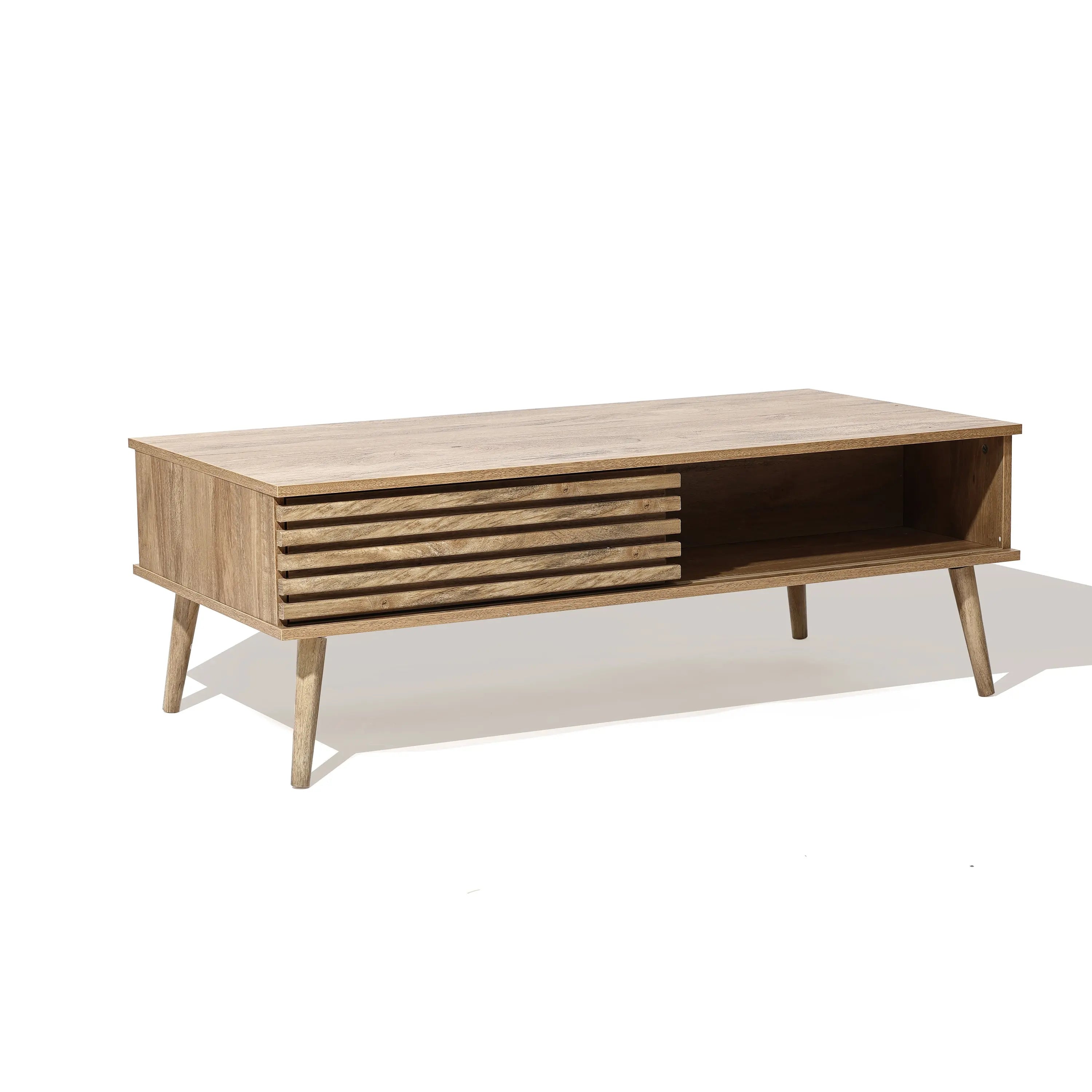 This wooden coffee table boasts angled legs and a slatted front, enhanced by dual-side storage and an open compartment for convenience.