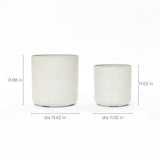 Two contemporary cylindrical planters in white. The larger, durable planter stands 13.98 inches tall with a diameter of 13.62 inches, while the smaller one is 11.02 inches tall with a matching diameter of 11.02 inches.
