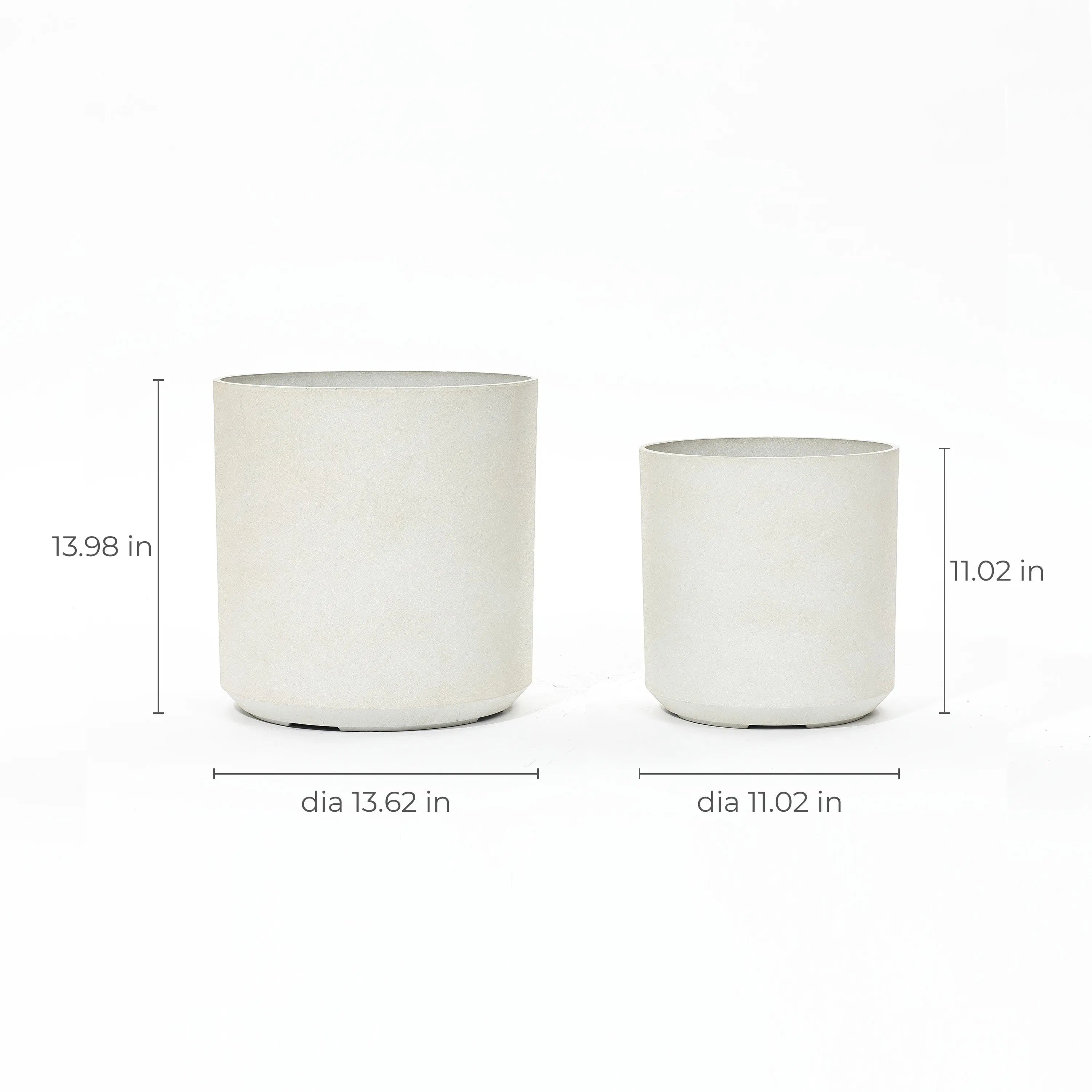 Two contemporary cylindrical planters in white. The larger, durable planter stands 13.98 inches tall with a diameter of 13.62 inches, while the smaller one is 11.02 inches tall with a matching diameter of 11.02 inches.