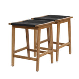 Two acacia wood stools with black rope-woven seats, featuring a simple, rectangular design and four sturdy legs each, perfect as counter height stools.