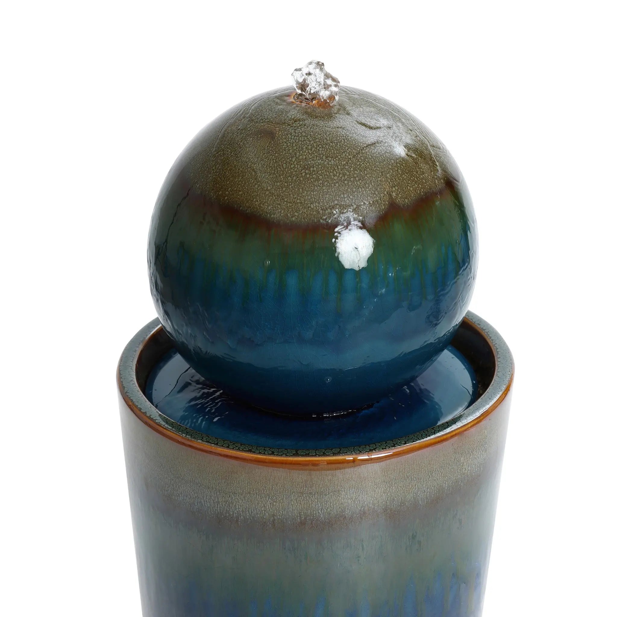 Glazed Blue and Brown Duo-Tone Sphere on Round Pillar Bubbler Ceramic Water Fountain - LuxenHome