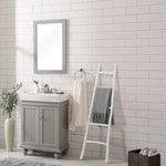 The bathroom features rustic charm with a gray vanity and a rectangular mirror. A white ladder shelf, reminiscent of a blanket ladder, holds towels. A woven basket and green vase with a plant rest against the fir wood-accented white tiled wall.