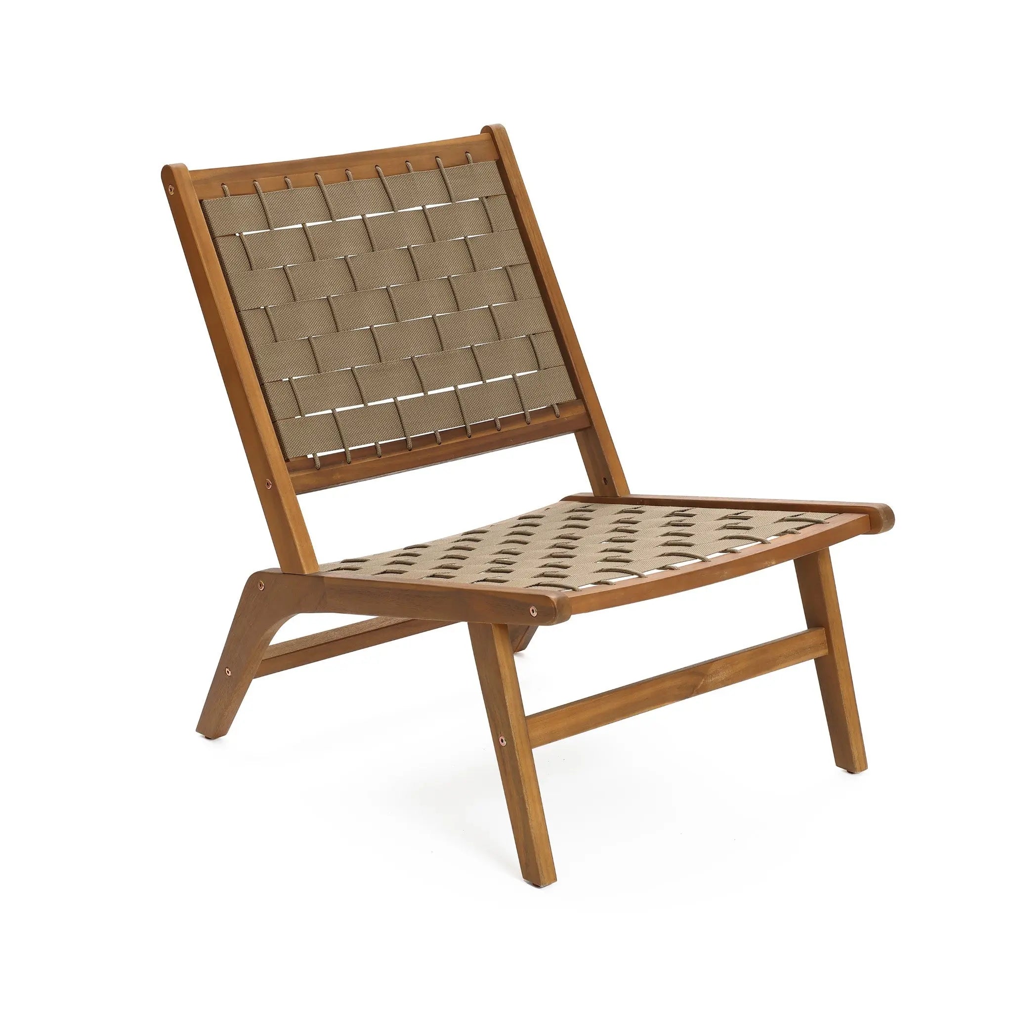 An Acacia wood lounge chair with a beautifully woven seat and backrest is showcased on a pristine white background, epitomizing elegant outdoor furniture design.