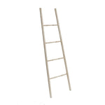 A rustic blanket ladder crafted from birch wood, featuring four rungs, leans elegantly against a white background.