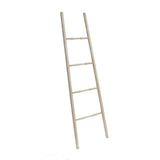 A rustic blanket ladder crafted from birch wood, featuring four rungs, leans elegantly against a white background.