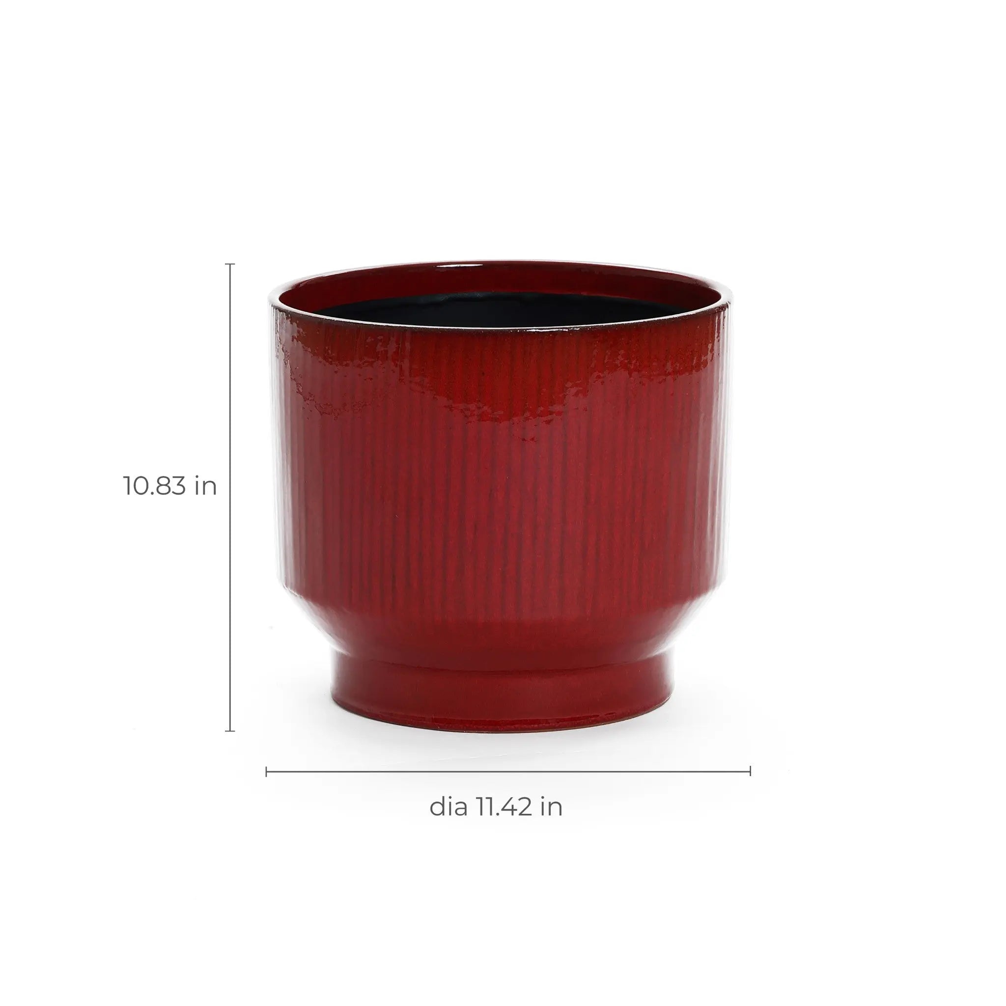 The LuxenHome Burgundy red glazed round ceramic planter, 10.83 inches tall, features a vertical stripe design, perfect for showcasing your favorite plants.
