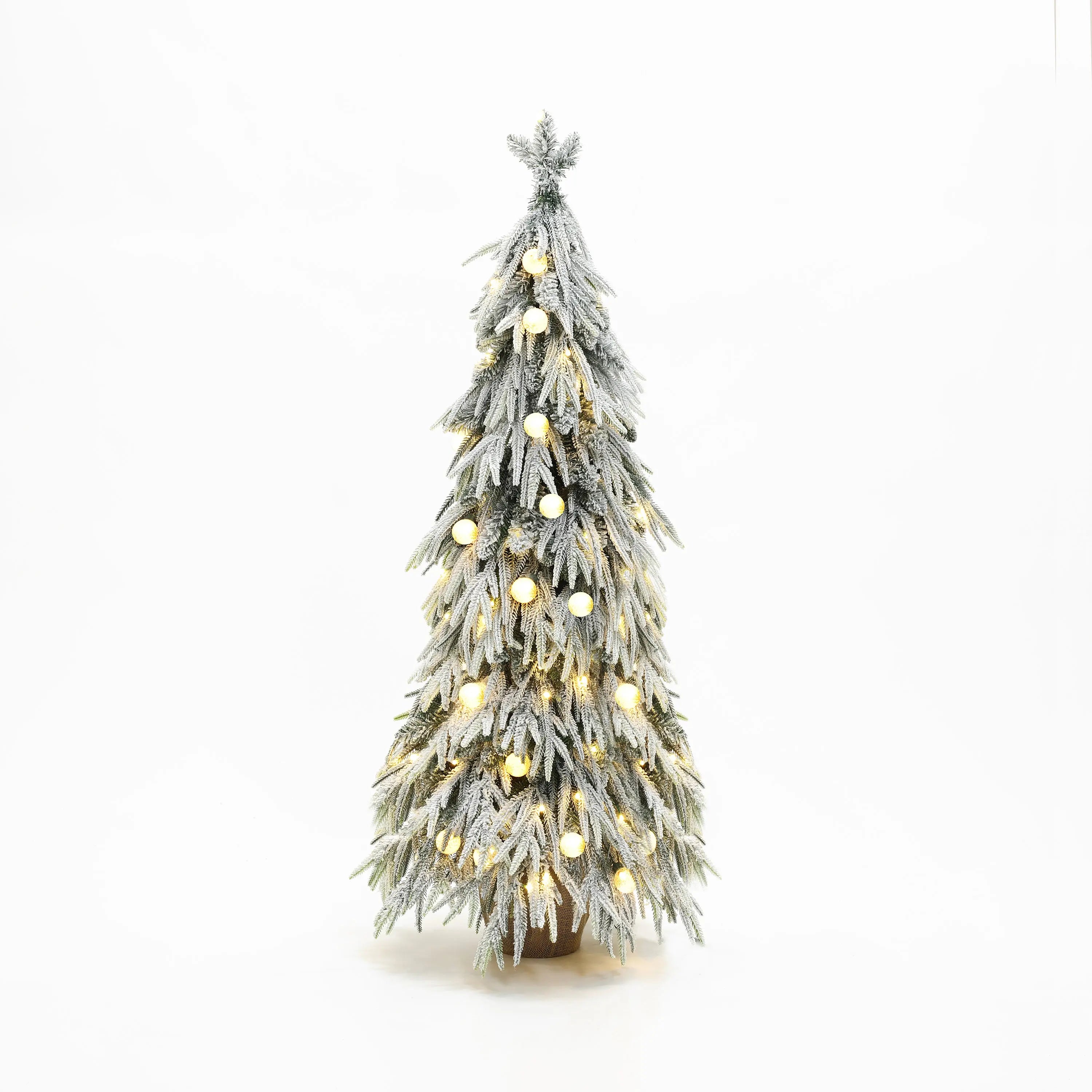 slim-christmas-tree-stands-proudly-in-a-rustic-jute-pot-enhance-charm-and-stability-while-the-round-ball-decorations-sprinkled-add-a-touch-of-elegance