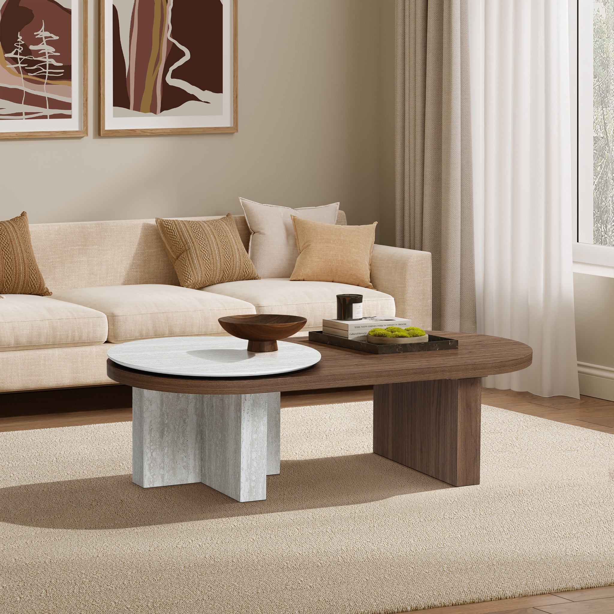 Travertine-style and walnut finish wood coffee table - LuxenHome