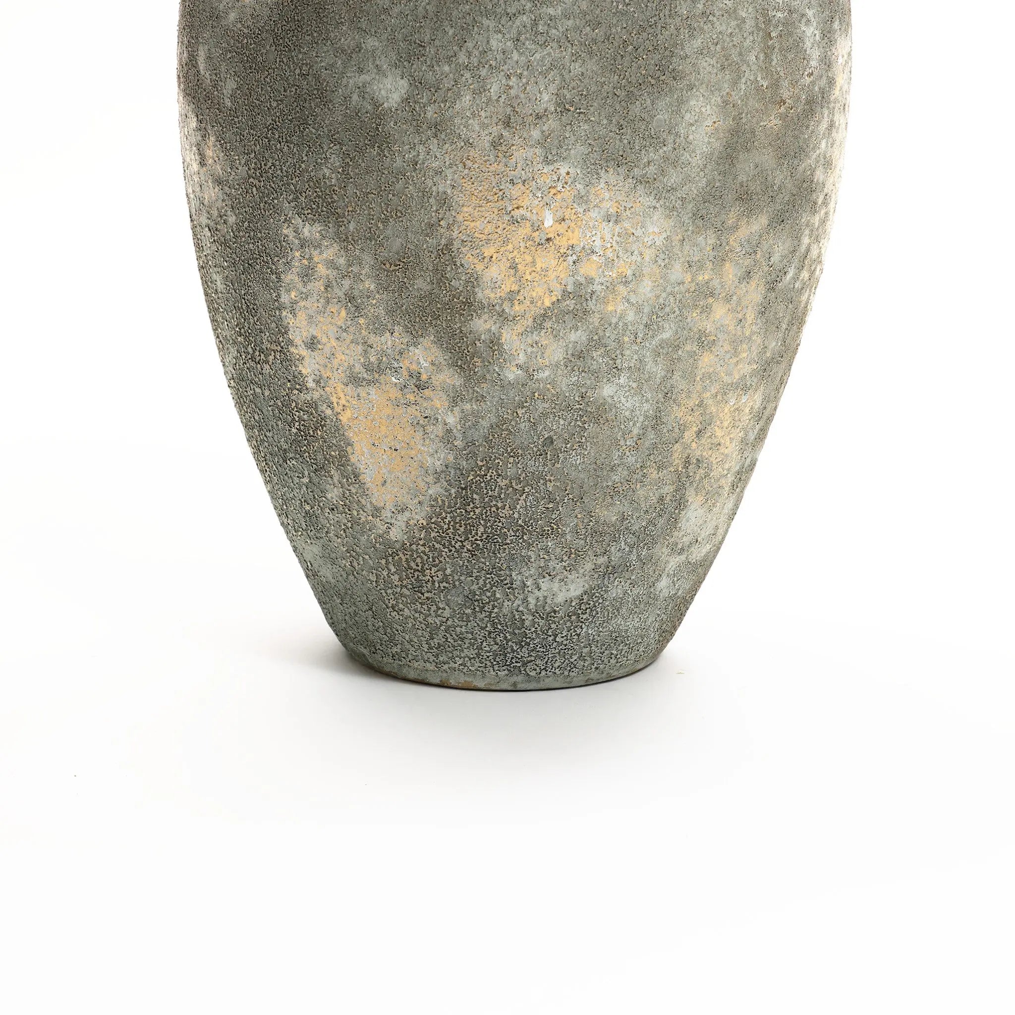 The LuxenHome rustic gold and brown terracotta urn vase, measuring 13.6 in height, showcases an antique distressing technique with a textured finish and mottled gray and sandy beige tones, all presented on a plain white background.