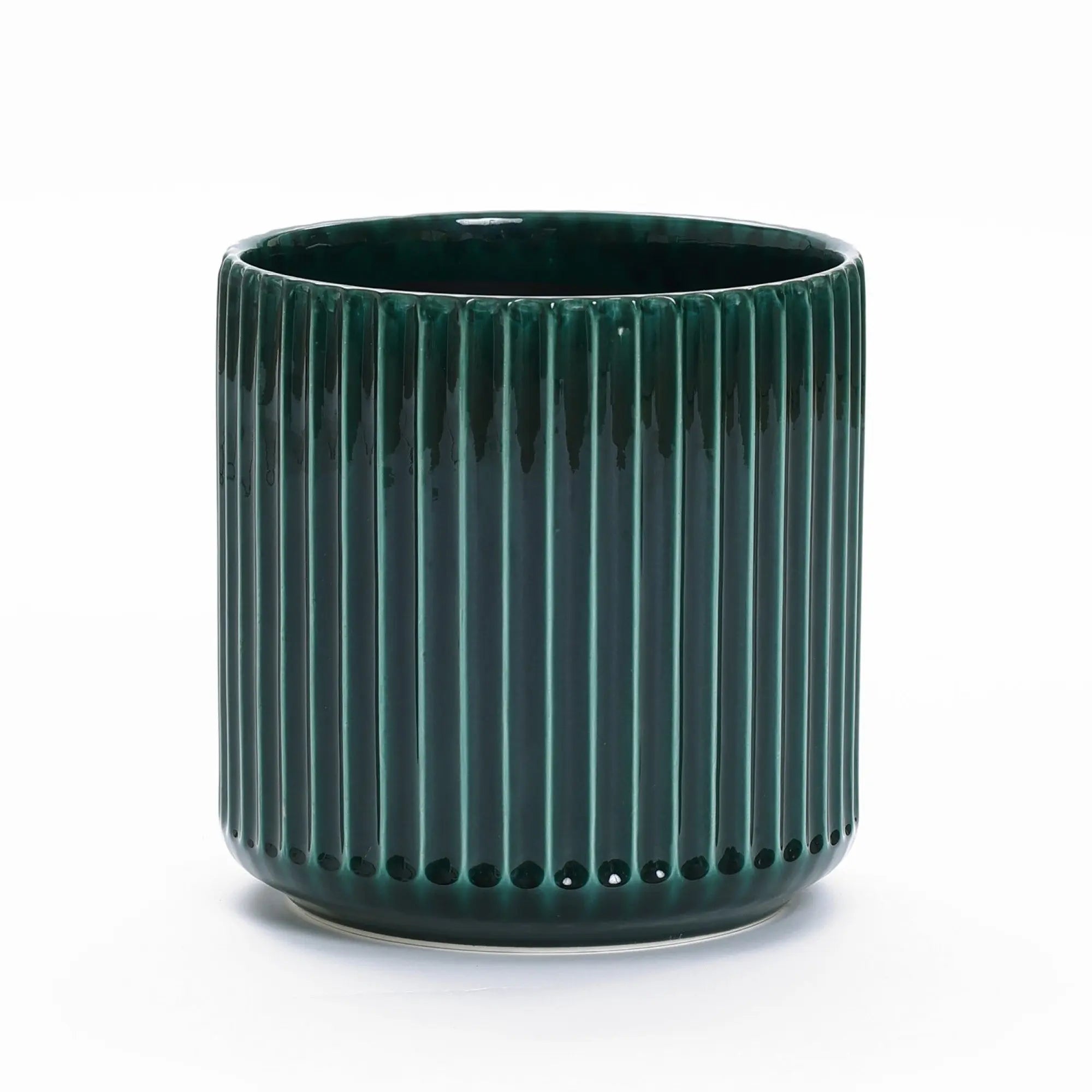 A Jade green ribbed glazed ceramic planter from LuxenHome, standing 13 high, showcases its vibrant natural beauty against a plain white background.