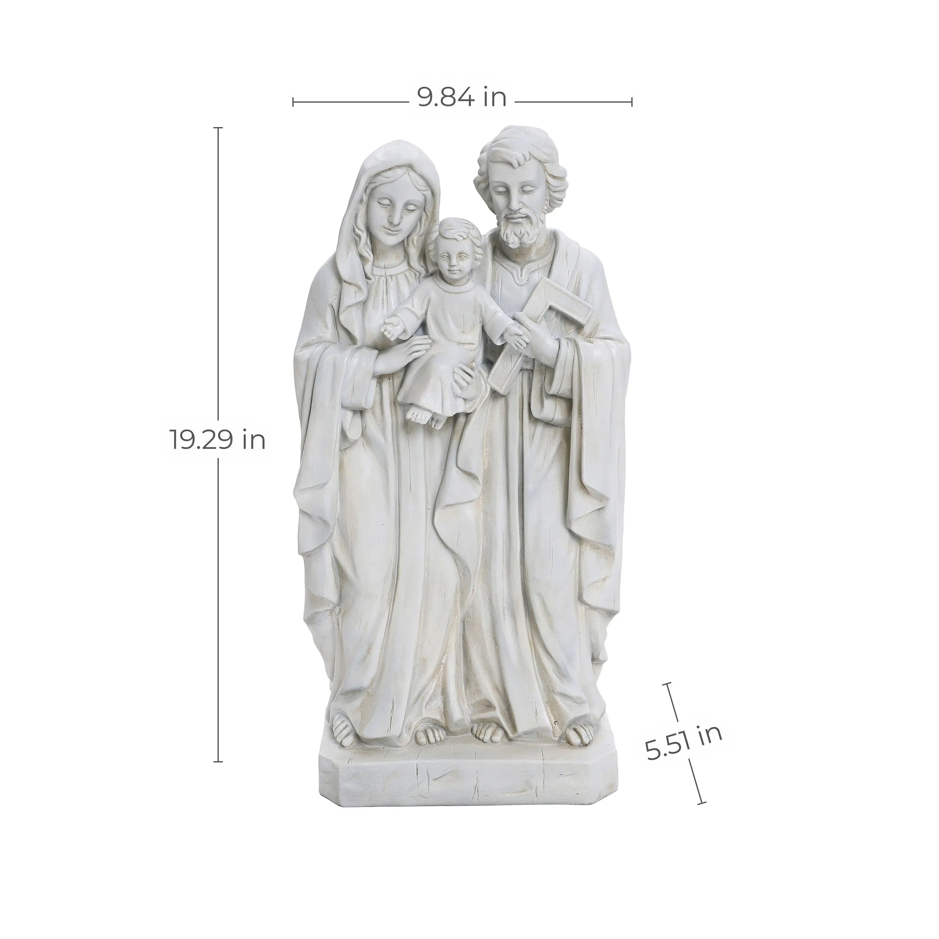 This marble-like polyresin statue depicts a family tenderly holding a child. Standing at 19.29 inches tall, 9.84 inches wide, and 5.51 inches deep, its a perfect piece of religious decor for any setting.