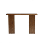 A mid-century modern wooden console table with a rectangular top and two wide legs, featuring a minimalist design and natural wood grain finish.