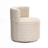 The Brie camel swivel barrel accent chair by LuxenHome features a beige, round, ribbed design with a short backrest and textured upholstery. This modern and minimalist piece offers an ergonomic seating solution perfect for contemporary interiors.
