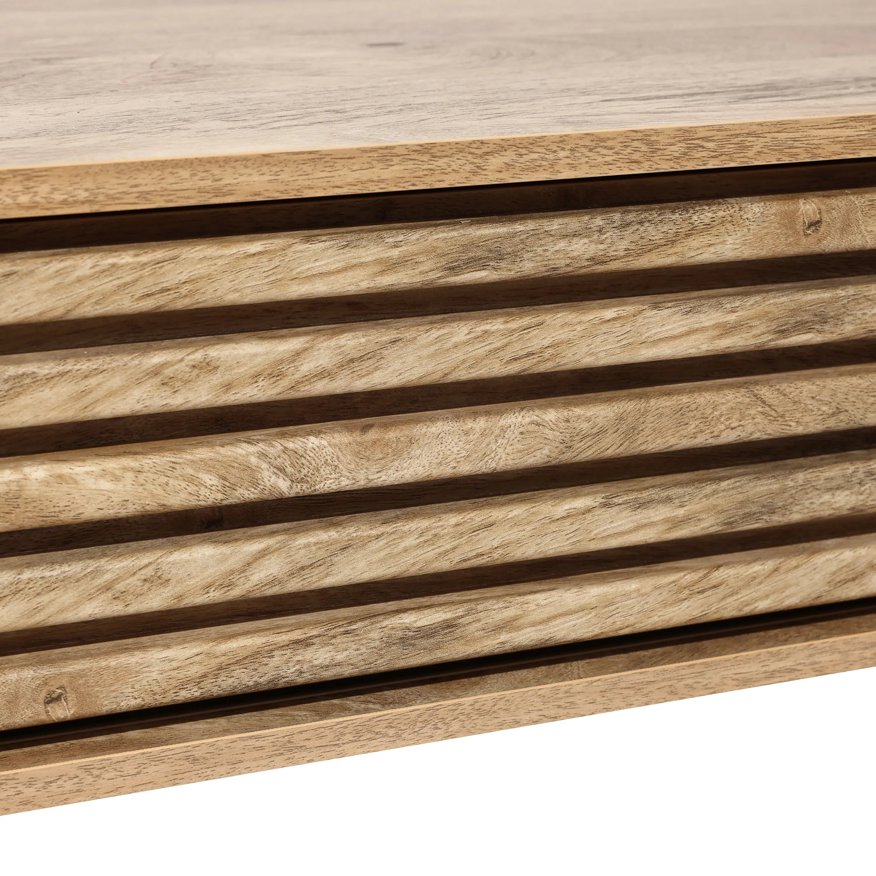 Close-up of a wooden surface with horizontal slats, reminiscent of a coffee tables natural grain and texture.