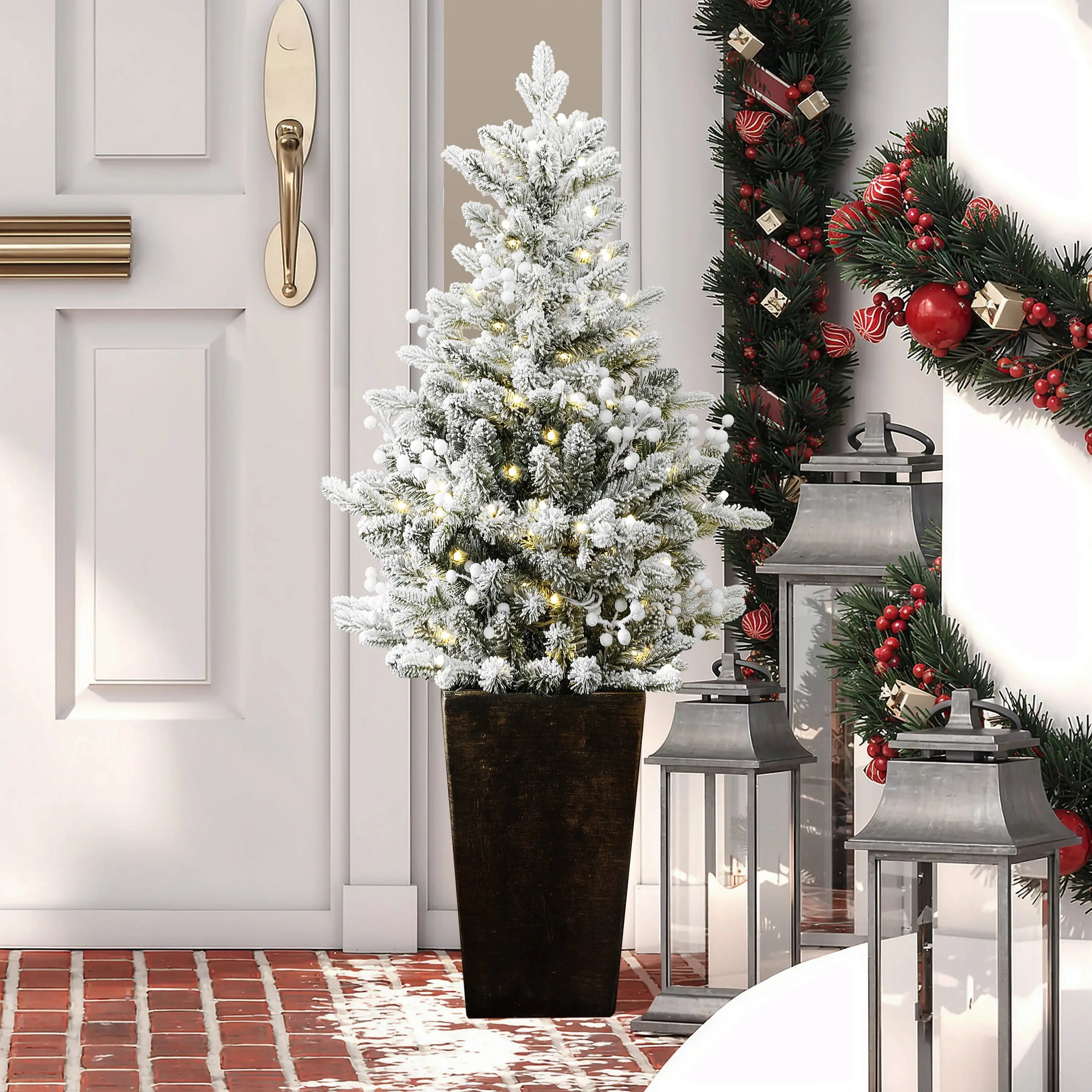 christmas tree planter pot 4Ft Pre-Lit Flocked Artificial Tree in Tall Pot