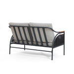 A two-seater outdoor sofa with a sturdy metal frame and light gray, removable waterproof cushions, viewed from the back. This stylish piece is part of an elegant outdoor seating set designed for comfort and durability.