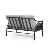 A two-seater outdoor sofa with a sturdy metal frame and light gray, removable waterproof cushions, viewed from the back. This stylish piece is part of an elegant outdoor seating set designed for comfort and durability.