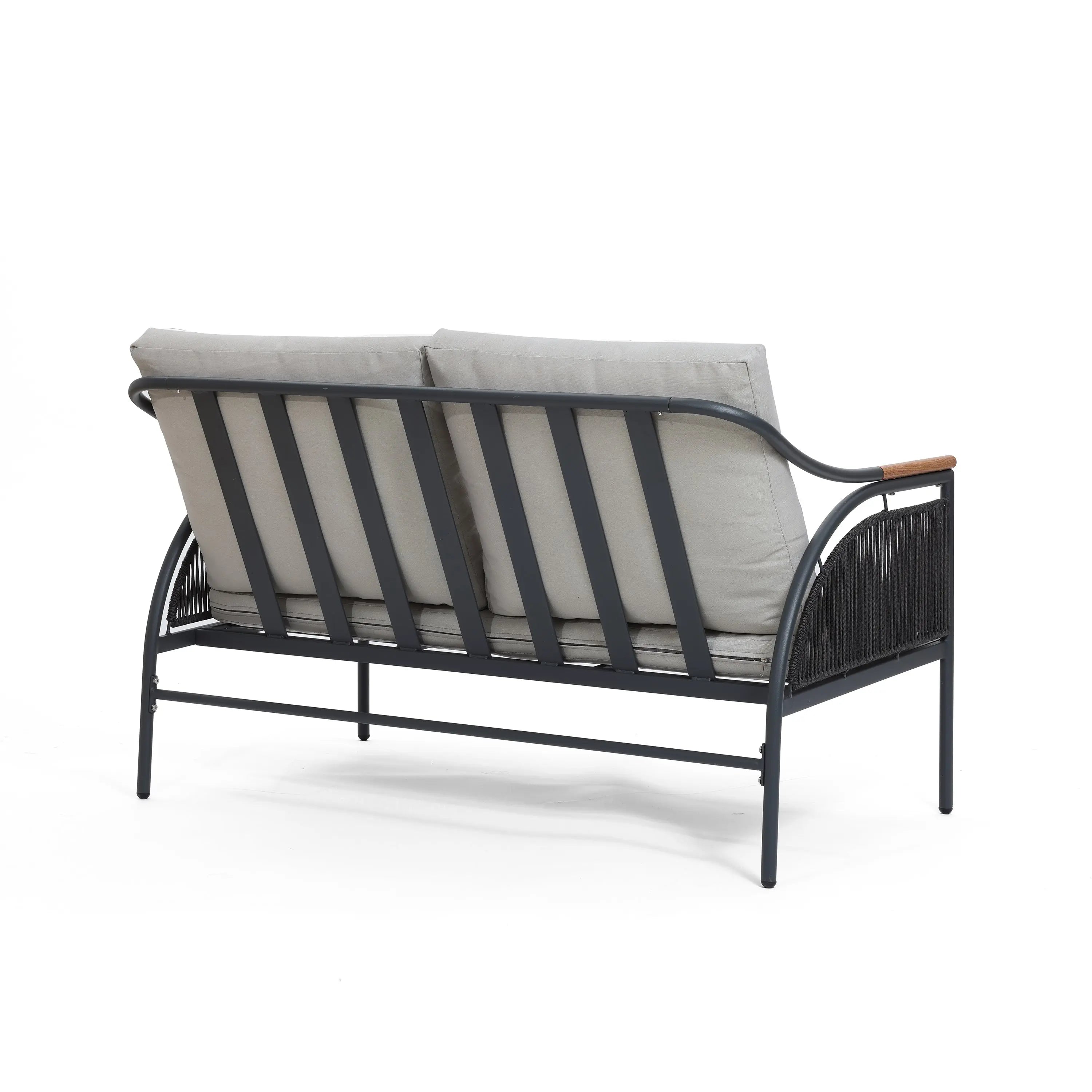 A two-seater outdoor sofa with a sturdy metal frame and light gray, removable waterproof cushions, viewed from the back. This stylish piece is part of an elegant outdoor seating set designed for comfort and durability.