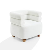 The LuxenHome Tia ivory barrel accent chair features double bolsters for added comfort, elegant wooden ball legs, and thick padding. Its minimalist design makes it ideal for contemporary interiors.