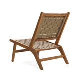 Wooden chair with woven fabric seat and backrest, angled to the left. The acacia wood frame boasts a light brown finish, and the fabric is tan with a lattice pattern. Perfect as outdoor furniture for your patio or garden.