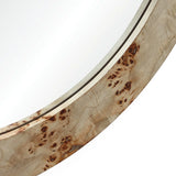 Close-up of a round mirror with a thick, burlywood MDF frame showcasing a natural, knotty texture.