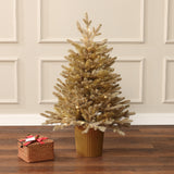Pre-Lit Gold Branches Pine Christmas Tree with Pot,3Ft