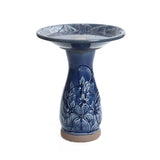 Blue ceramic birdbath with petals and vines pattern - LuxenHome