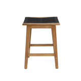 Counter height stool with four sturdy legs crafted from acacia wood, featuring a sleek rectangular seat adorned with black rope-woven detailing.