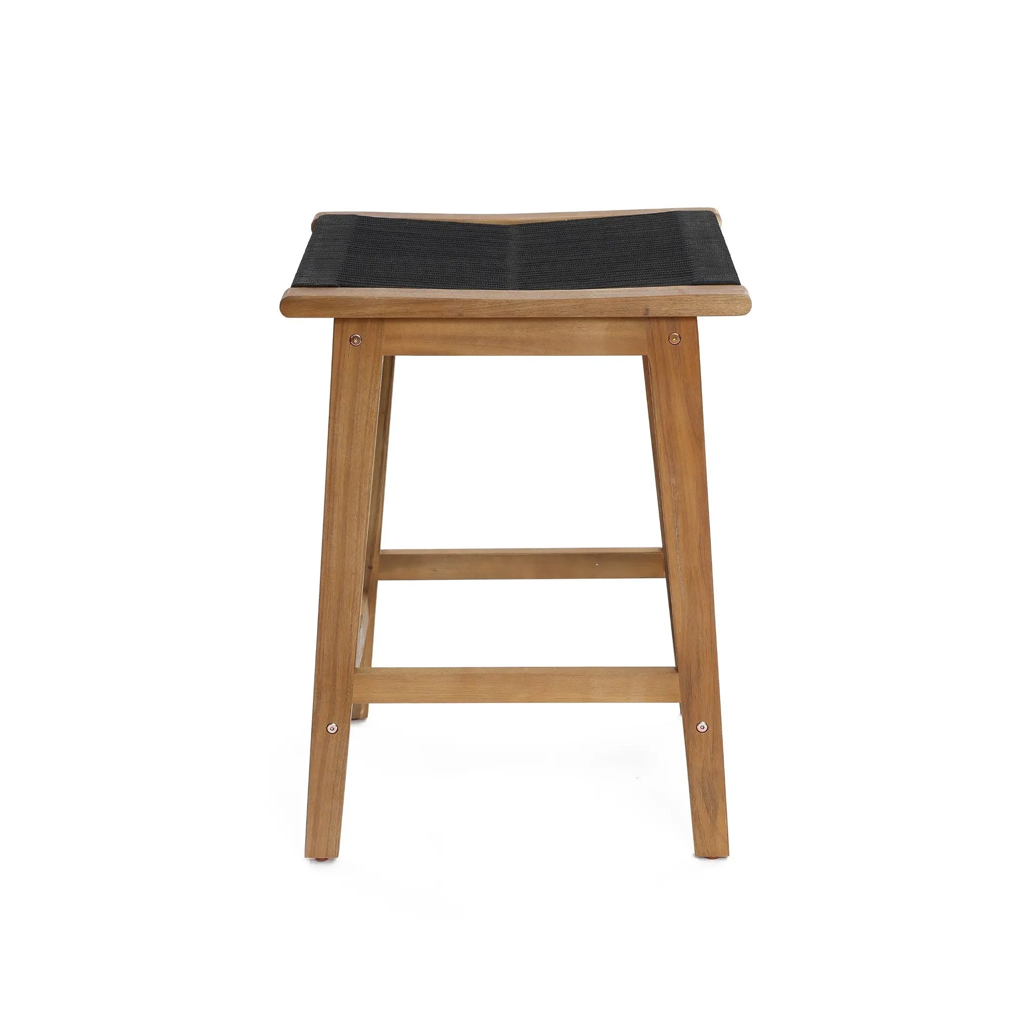Counter height stool with four sturdy legs crafted from acacia wood, featuring a sleek rectangular seat adorned with black rope-woven detailing.