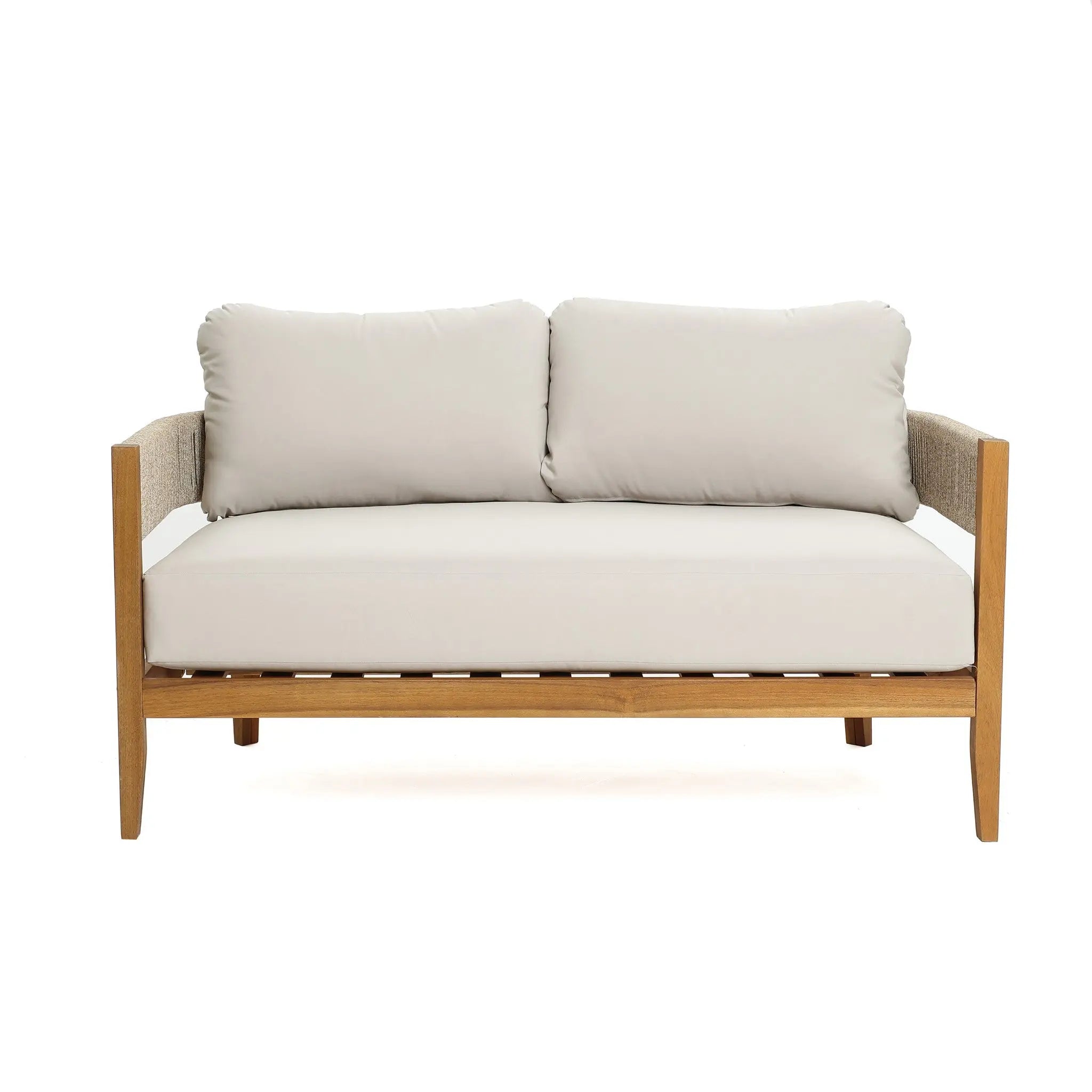 A wooden framed Rope Sides Loveseat with beige seat and back cushions, shown against a plain white background.