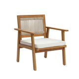 Crafted from FSC-certified Acacia wood, this minimalist outdoor chair features armrests and a unique rope backrest. The seat is complemented by a plush white cushion, blending style with comfort.